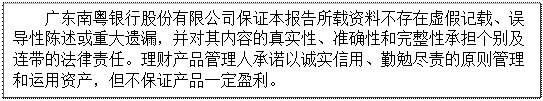 文本框: 广东南粤银行股份有限公司保证本报告所载资料不存在虚假记载、误导性陈述或重大遗漏，并对其内容的真实性、准确性和完整性承担个别及连带的法律责任。理财产品管理人承诺以诚实信用、勤勉尽责的原则管理和运用资产，但不保证产品一定盈利。
    产品过往业绩并不代表其未来表现。理财非存款，投资需谨慎。
    