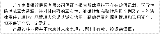 文本框: 广东南粤银行股份有限公司保证本报告所载资料不存在虚假记载、误导性陈述或重大遗漏，并对其内容的真实性、准确性和完整性承担个别及连带的法律责任。理财产品管理人承诺以诚实信用、勤勉尽责的原则管理和运用资产，但不保证产品一定盈利。
    产品过往业绩并不代表其未来表现。理财非存款，投资需谨慎。
    
